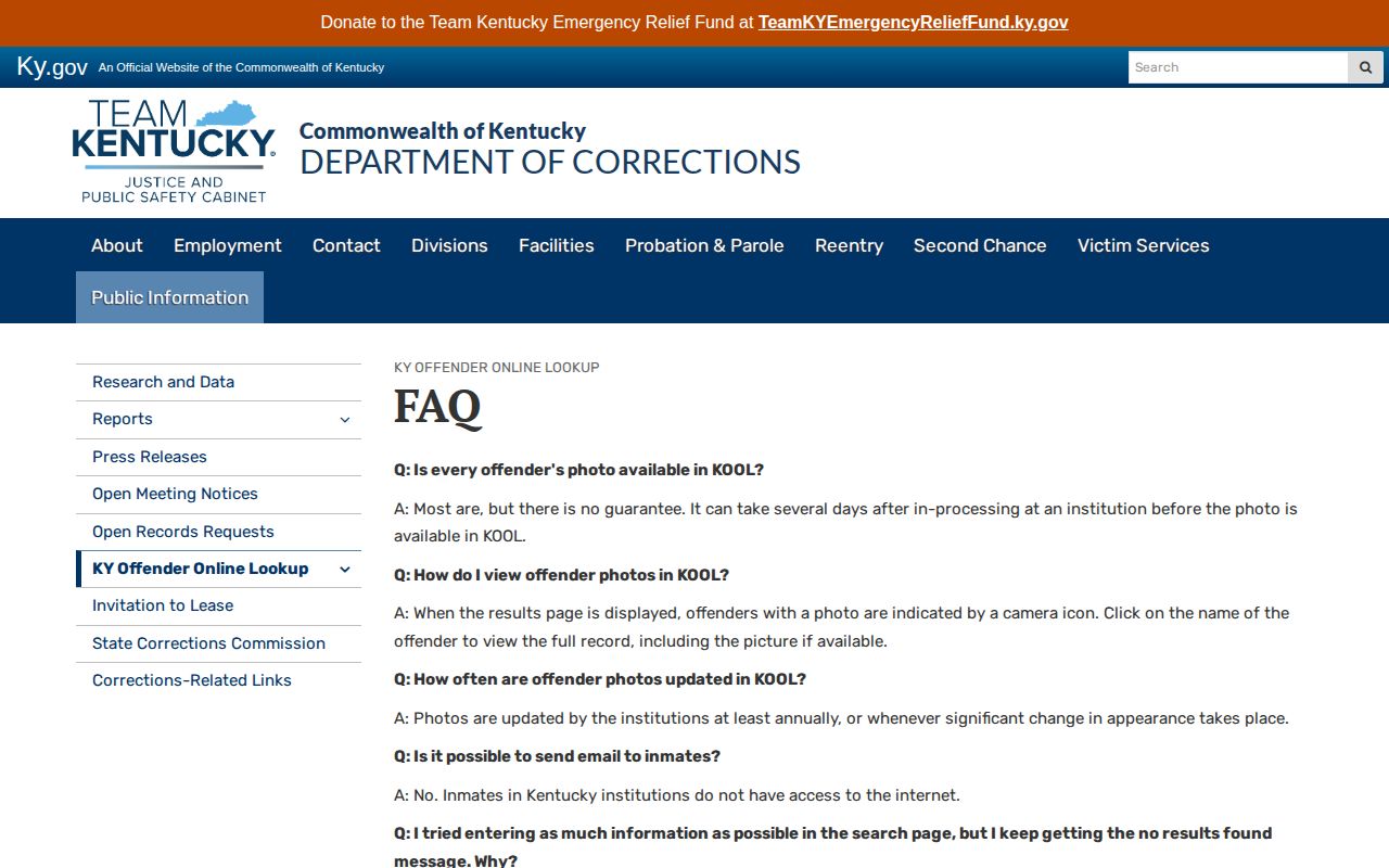Kentucky DOC KOOL offender search FAQ