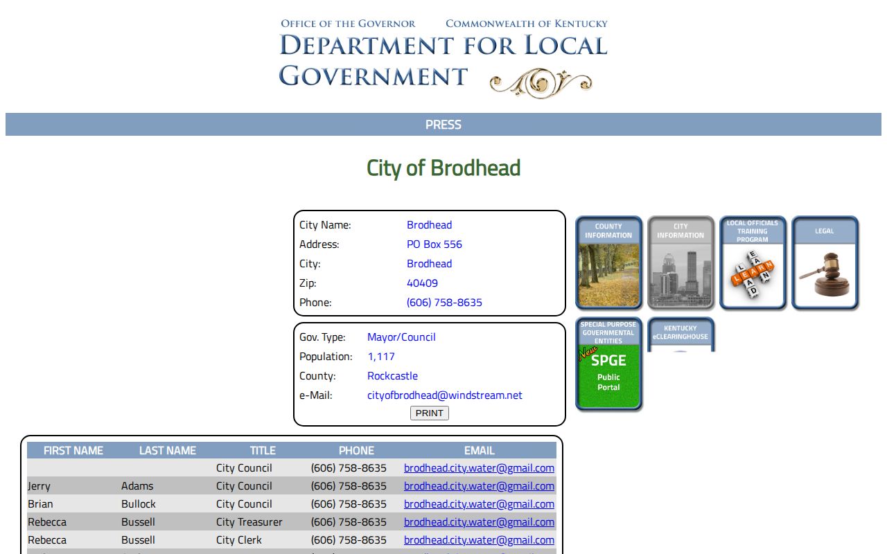 Official Brodhead city directory used to verify local arrest contacts