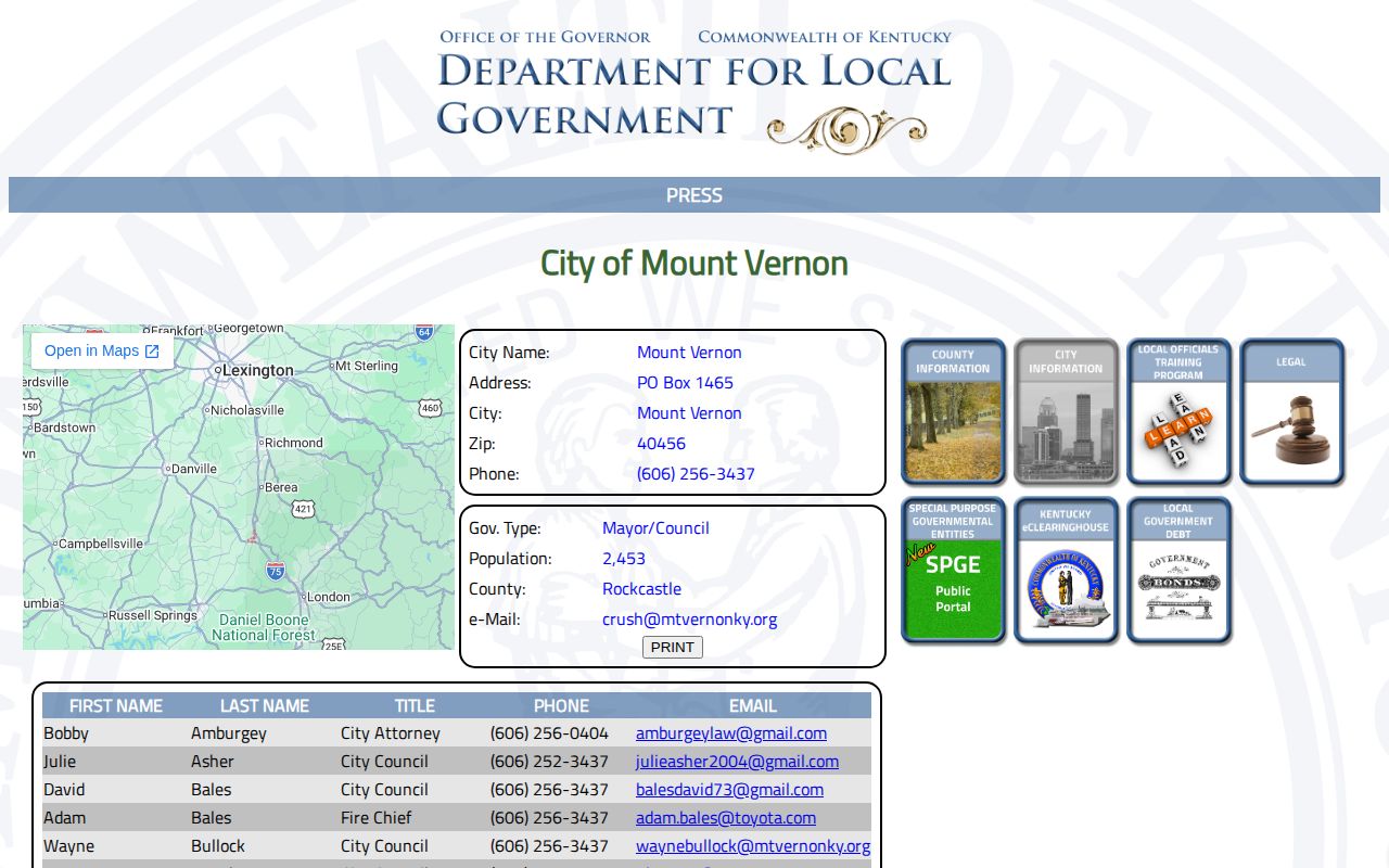 Official Mount Vernon city directory for Rockcastle County arrest contacts